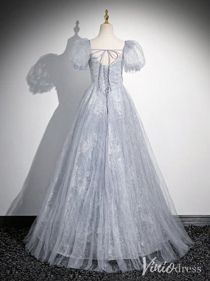Lavender Puffed Sleeve Prom Dresses Pleated Tulle Beaded Lace Formal Dress AD1340-prom dresses 2025 -Viniodress-Lavender-Custom Size-