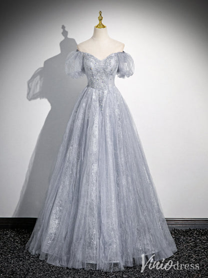 Lavender Puffed Sleeve Prom Dresses Pleated Tulle Beaded Lace Formal Dress AD1340-prom dresses 2025 -Viniodress-Lavender-Custom Size-