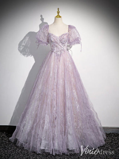Lavender Puffed Sleeve Prom Dresses Pleated Tulle Beaded Lace Formal Dress AD1340-prom dresses 2025 -Viniodress-Lavender-Custom Size-