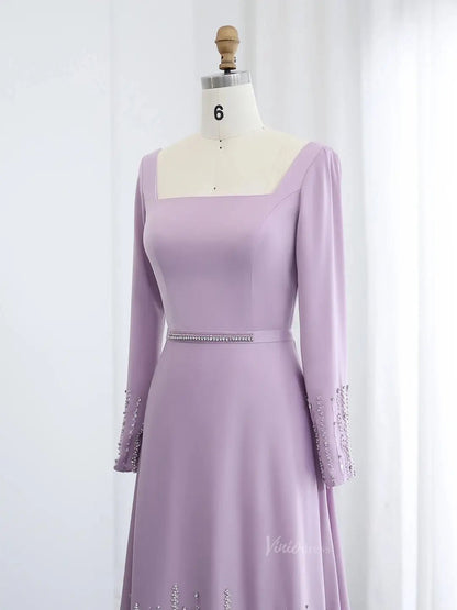 Lavender Ruffle Prom Dresses Elegant Formal Dresses Long Sleeves,Square Neck BD024-Evening Dresses 2025 -Viniodress-Lavender-US 2-