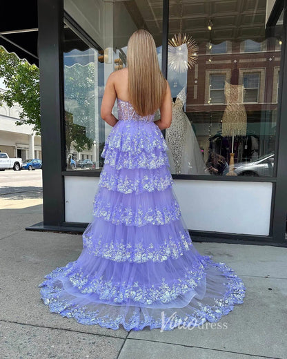 Lavender Ruffle Prom Dresses Skirt with Slit One Shoulder Formal Dresses FD3637C-prom dresses 2025 -Viniodress-Lavender-Custom Size-