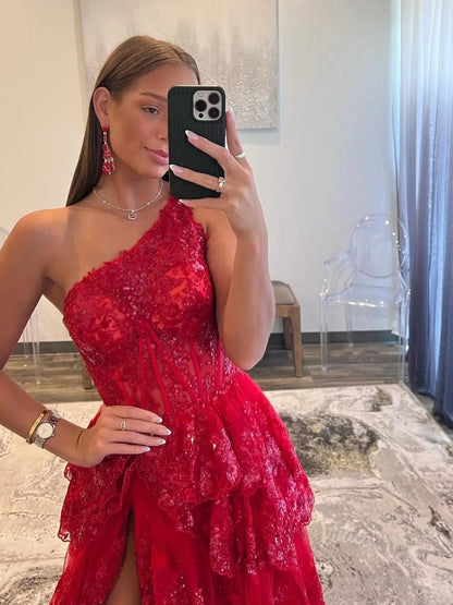 Lavender Ruffle Prom Dresses Skirt with Slit One Shoulder Formal Dresses FD3637C-prom dresses 2025 -Viniodress-Lavender-Custom Size-