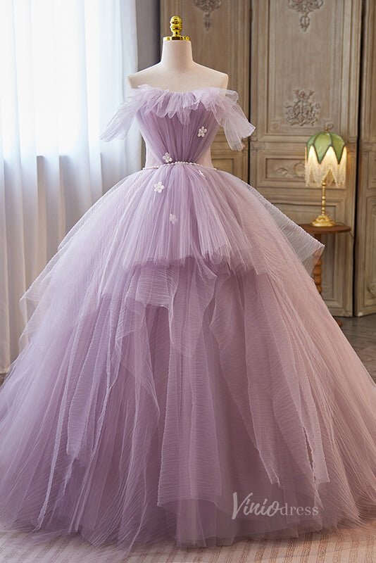 Lavender Ruffled Quinceanera Dresses Off the Shoulder Ball Gown AD1068-Quinceanera Dresses 2025 -Viniodress-Lavender-Custom Size-