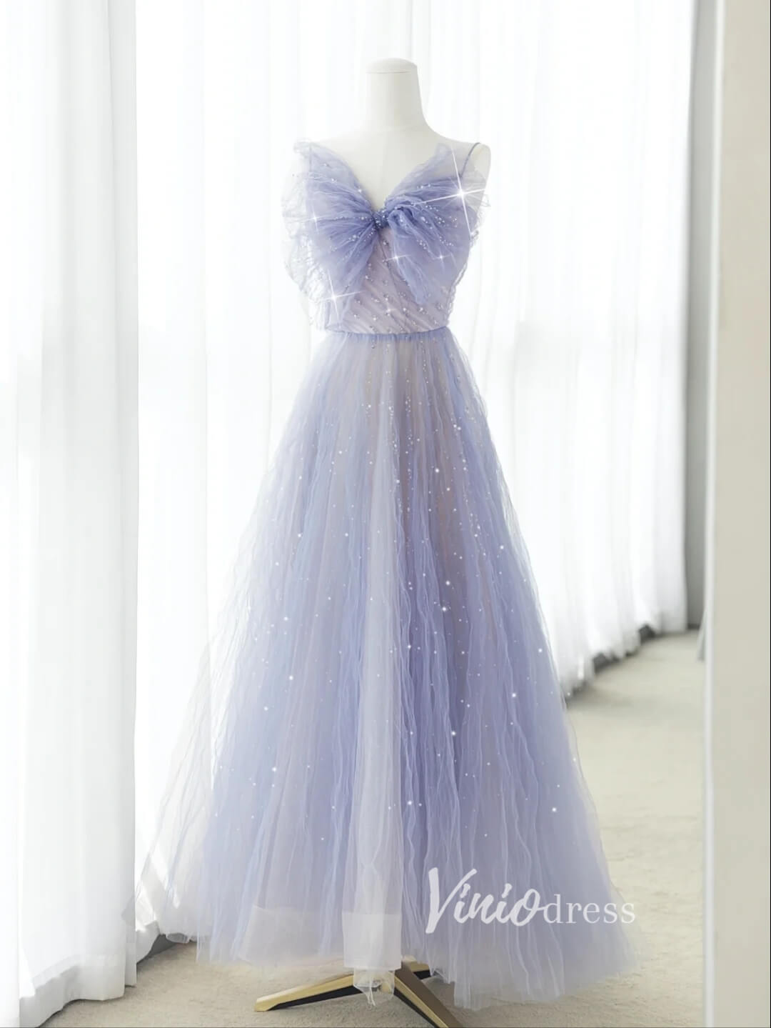 Lavender Ruffled Tulle Prom Dresses Spaghetti Strap Formal Gown FD3413B-prom dresses 2025 -Viniodress-Lavender-Custom Size-