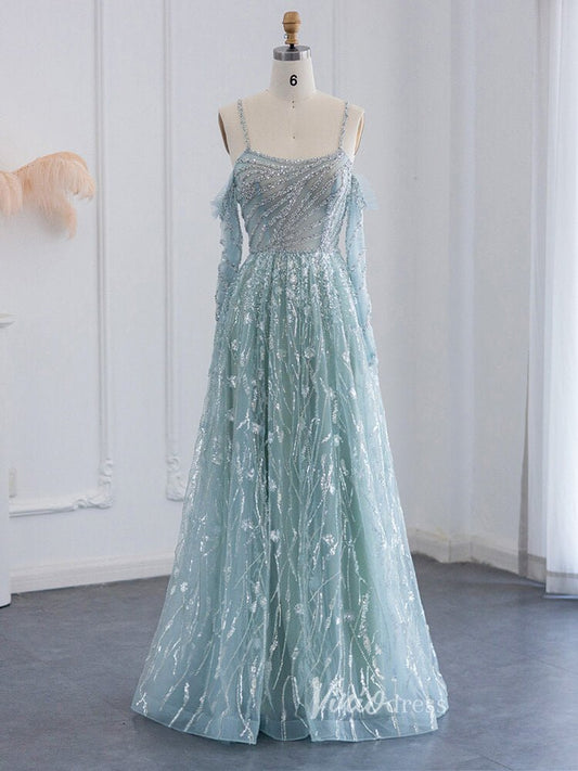 Lavender Shimmer Lace Prom Dresses Spaghetti Strap Evening Dress 20079-Evening Dresses 2025 -Viniodress-Light Green-US 2-