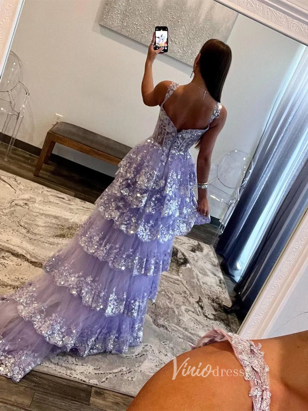 Lavender Sparkly Sequin Lace Prom Dresses with Slit, Tiered Ruffle Gow – Viniodress