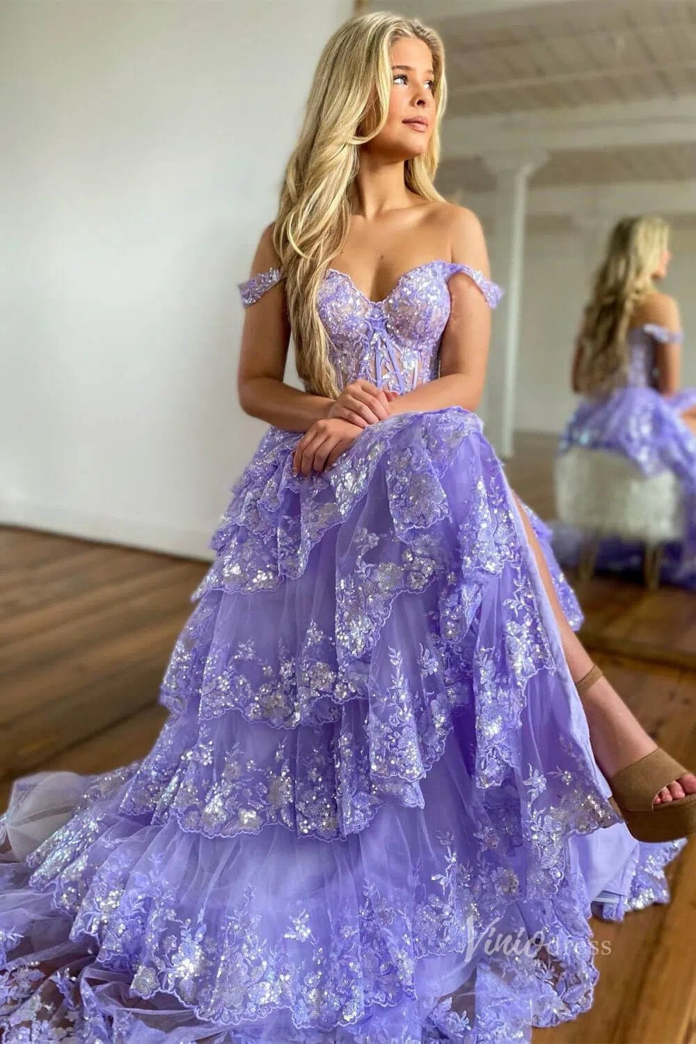 Lavender Sparkly Sequin Lace Prom Dresses with Slit, Tiered Ruffle Gow – Viniodress