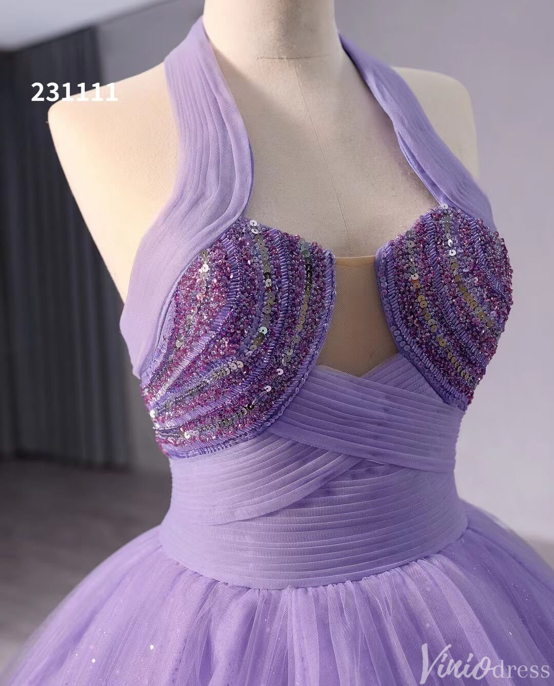 Lavender Sparkly Tiered Tulle Wedding Gown Halter Neck Quinceanera Dress 241111-Quinceanera Dresses 2025 -Viniodress-Lavender-Custom Size-