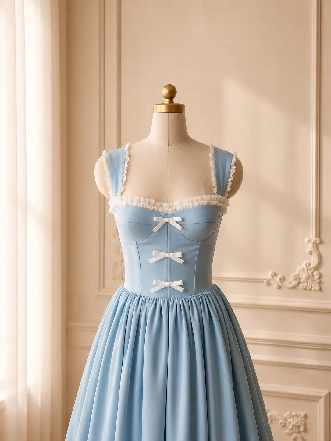Light blue tea-length prom dress with a corset bodice, sweetheart neckline, white ruffle trim, and three dainty bows.