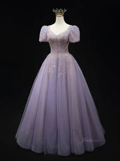 Lavender Tulle Prom Dresses with Puffed Sleeve, Beaded Lace, Quinceanera Dresses SU048-prom dresses 2025 -Viniodress-Lavender-Custom Size-