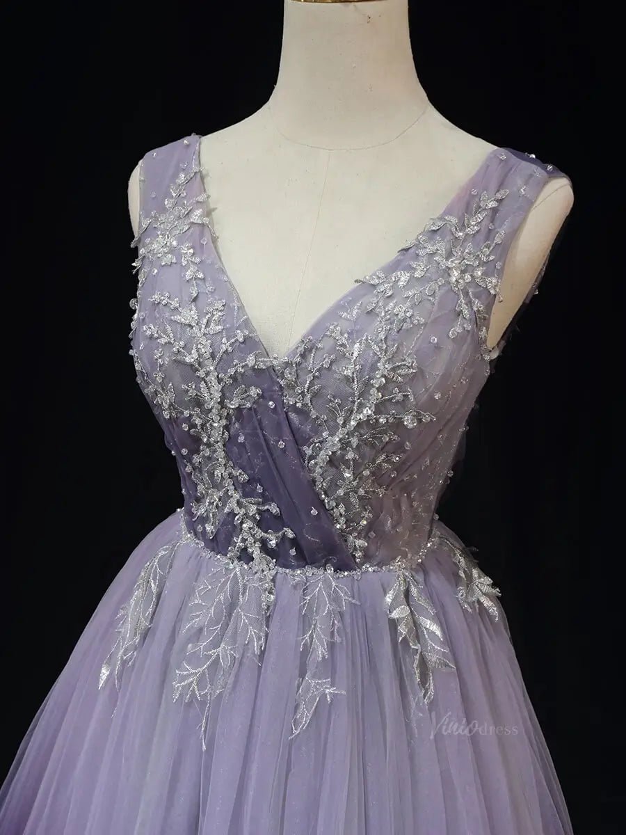 Lavender Tulle Prom Dresses with V-Neck, Lace, Corset Back, Formal Dresses SU067-prom dresses 2025 -Viniodress-Lavender-Custom Size-