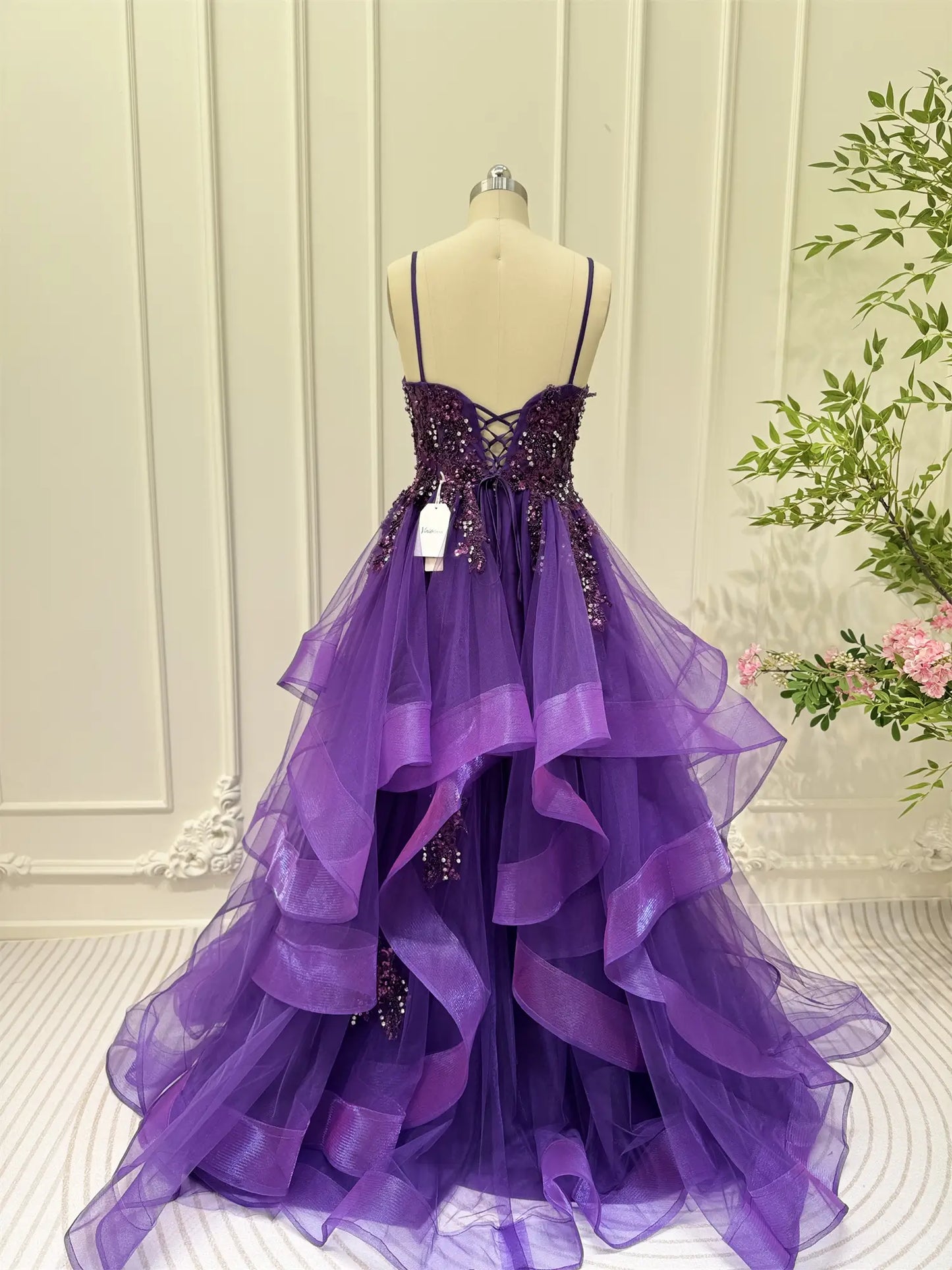 Layered Purple Prom Dresses Spaghetti Strap Ball Gown Lace-up Back FD3 – Viniodress