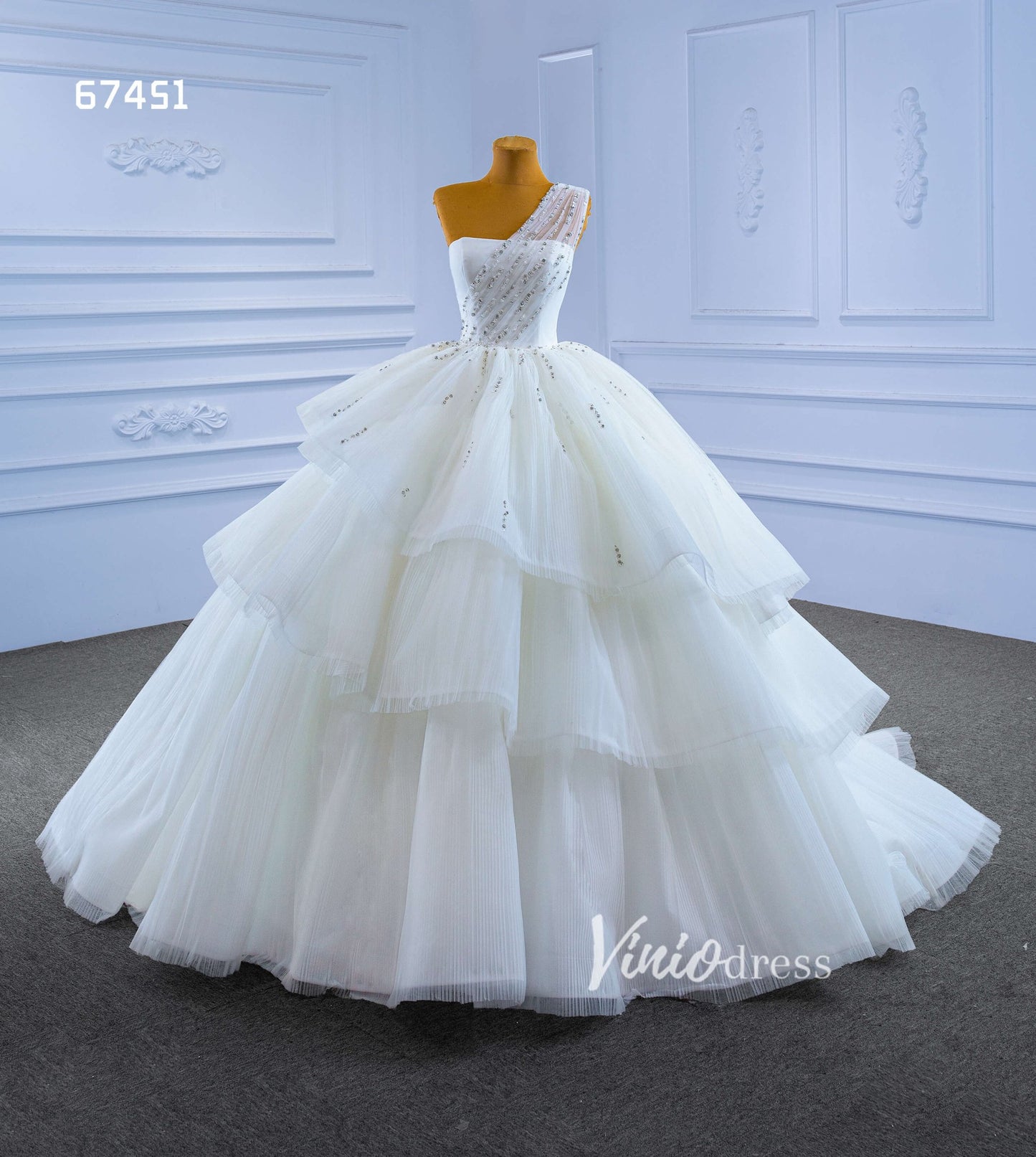 Layered Tulle Ball Gown Wedding Dress One Shoulder 67451-wedding dresses 2025 -Viniodress-Ivory-Custom Size-