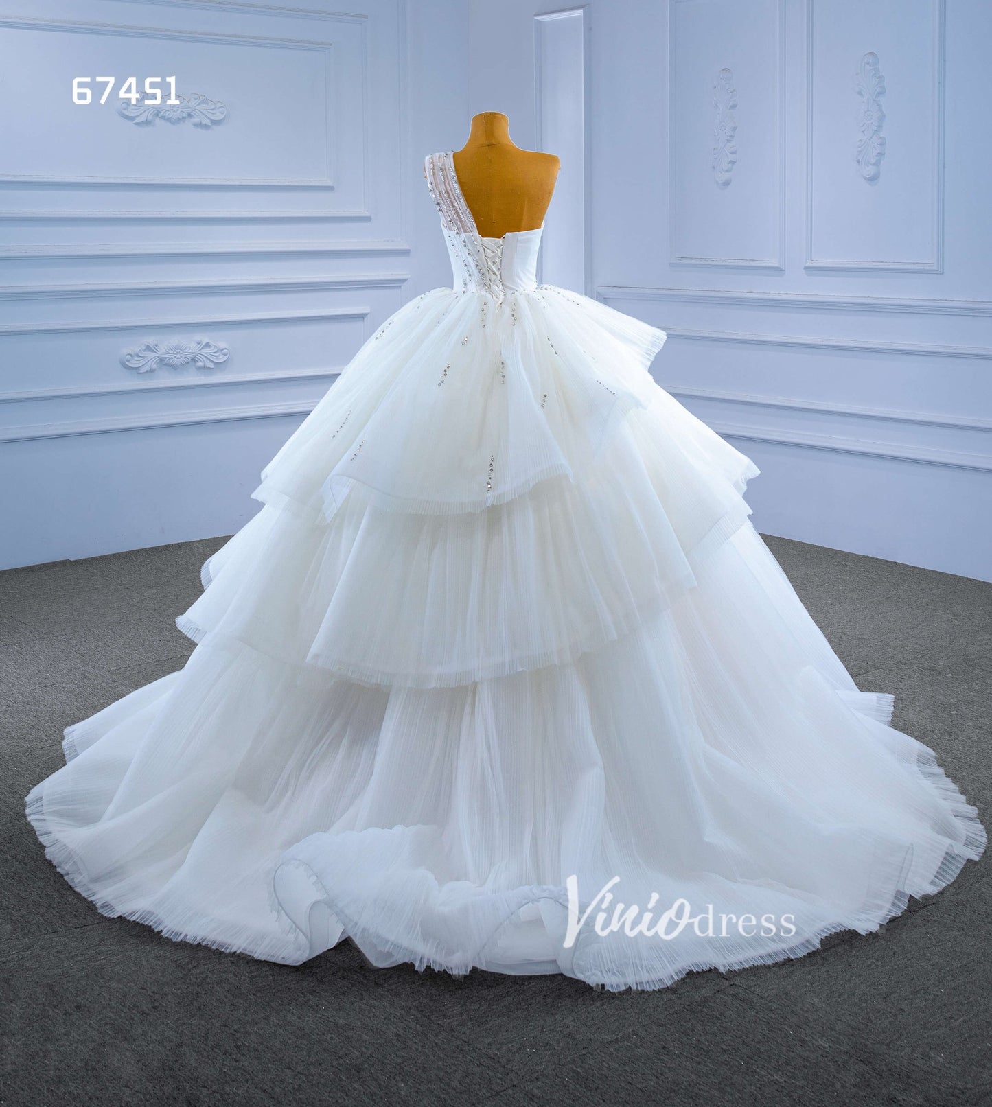 Layered Tulle Ball Gown Wedding Dress One Shoulder 67451-wedding dresses 2025 -Viniodress-Ivory-Custom Size-