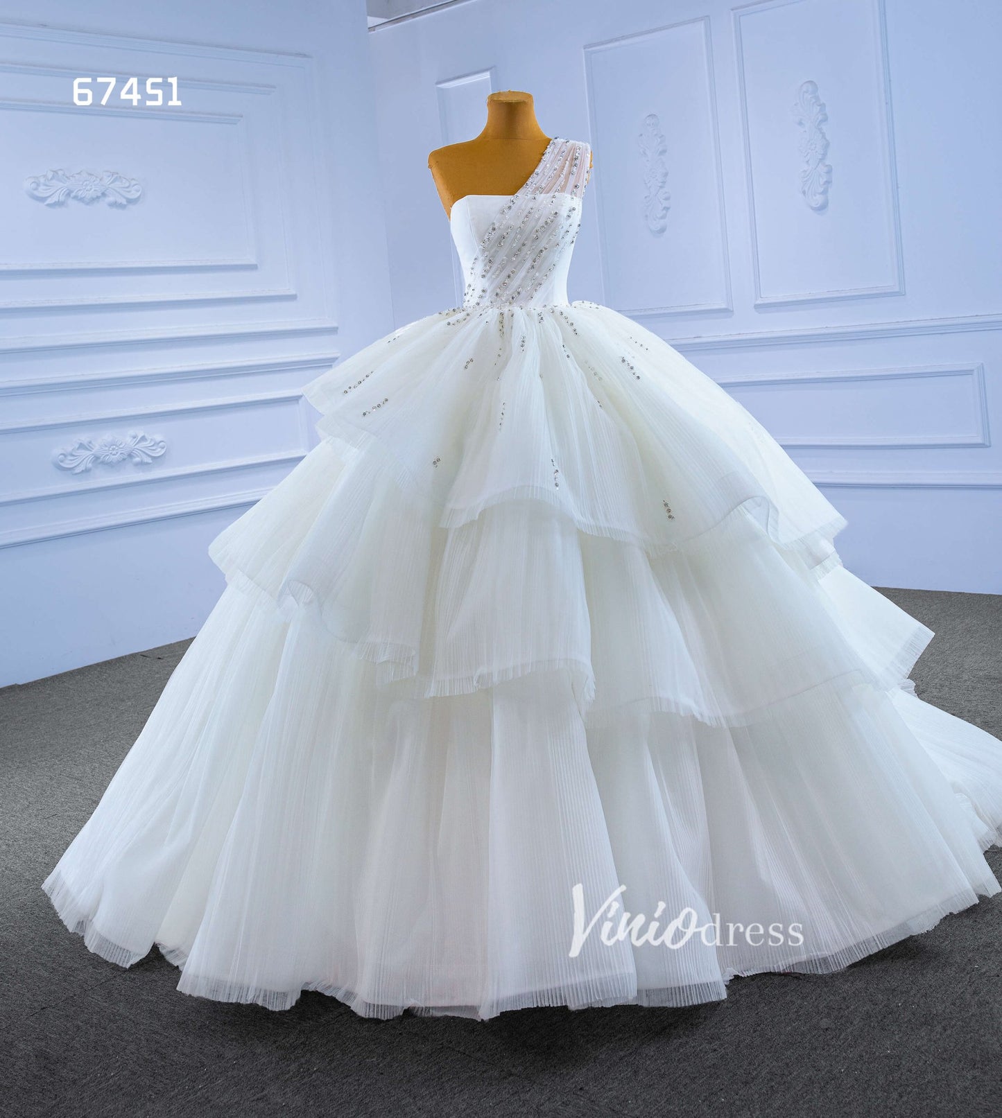 Layered Tulle Ball Gown Wedding Dress One Shoulder 67451-wedding dresses 2025 -Viniodress-Ivory-Custom Size-