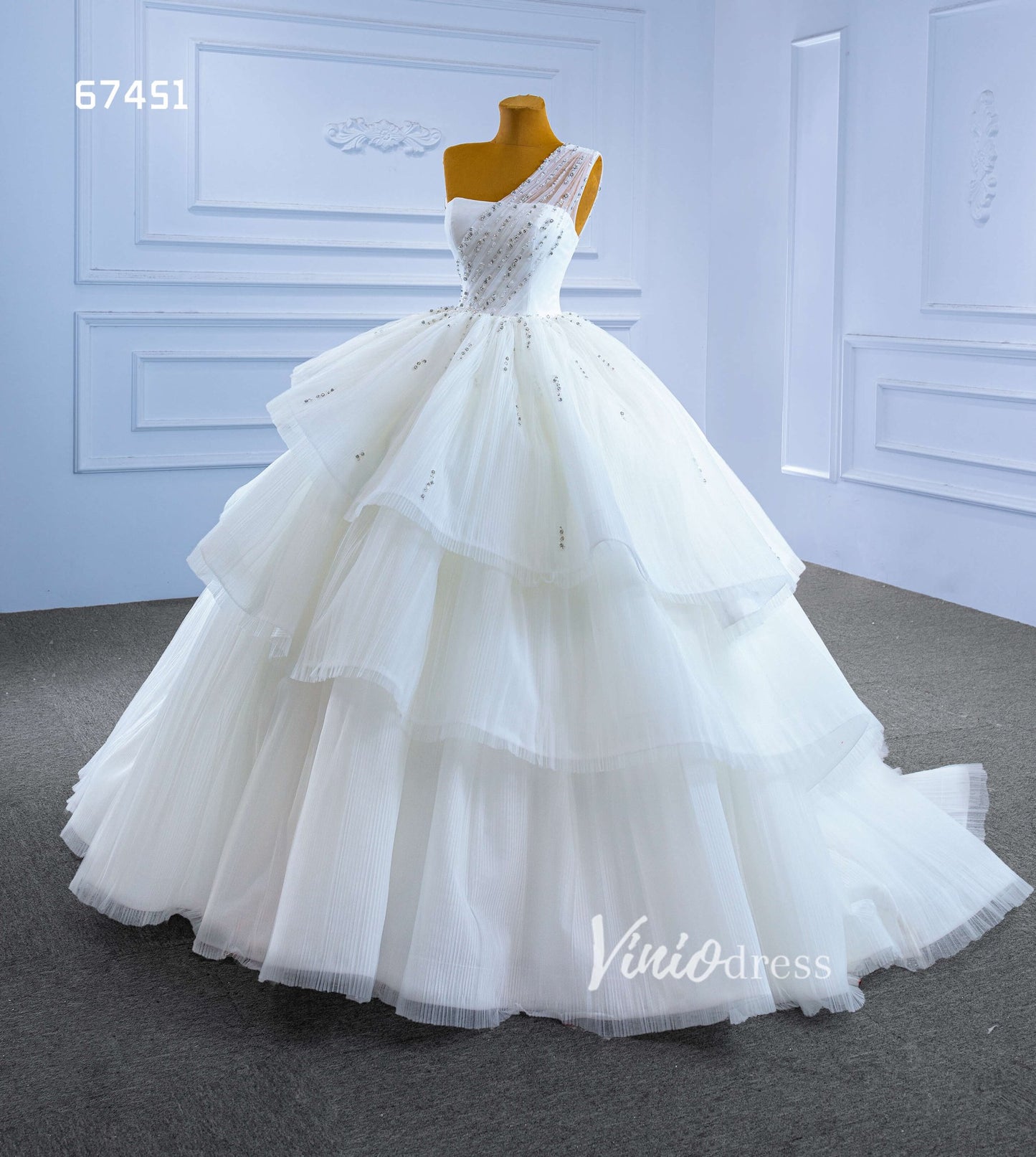 Layered Tulle Ball Gown Wedding Dress One Shoulder 67451-wedding dresses 2025 -Viniodress-Ivory-Custom Size-