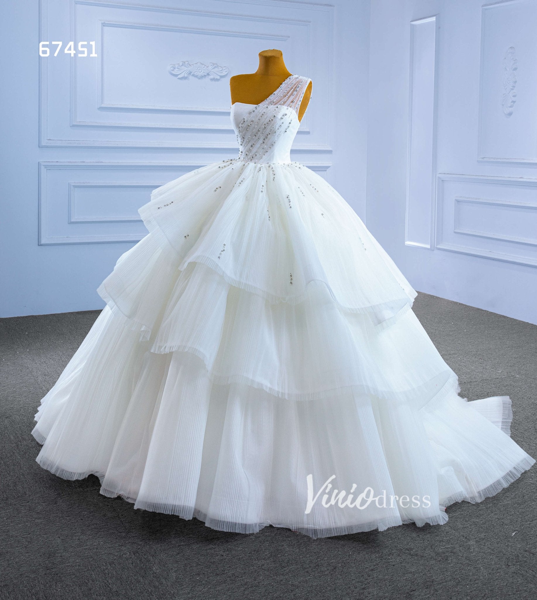 Layered Tulle Ball Gown Wedding Dress One Shoulder 67451-wedding dresses 2025 -Viniodress-Ivory-Custom Size-