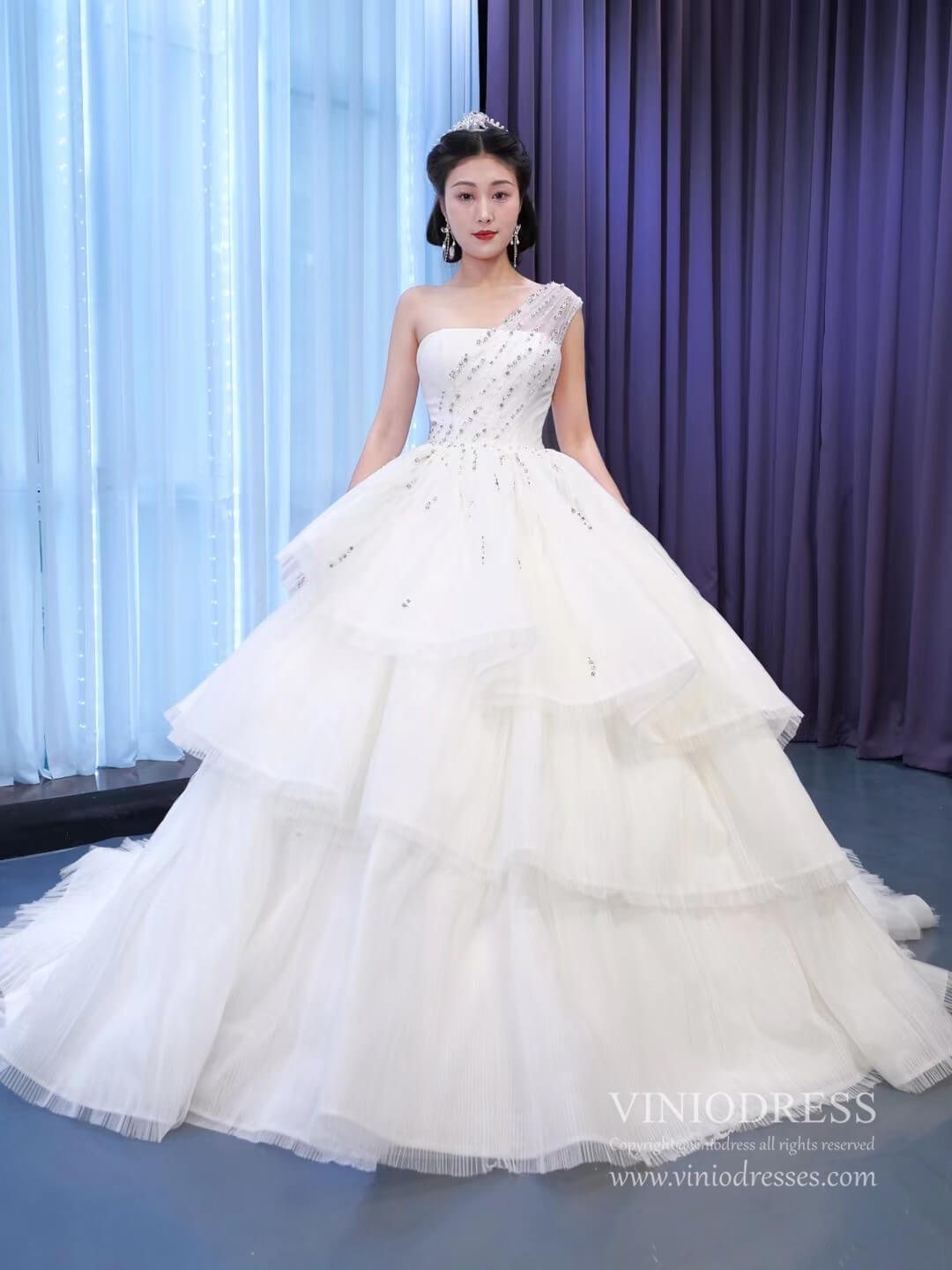 Layered Tulle Ball Gown Wedding Dress One Shoulder 67451-wedding dresses 2025 -Viniodress-Ivory-Custom Size-