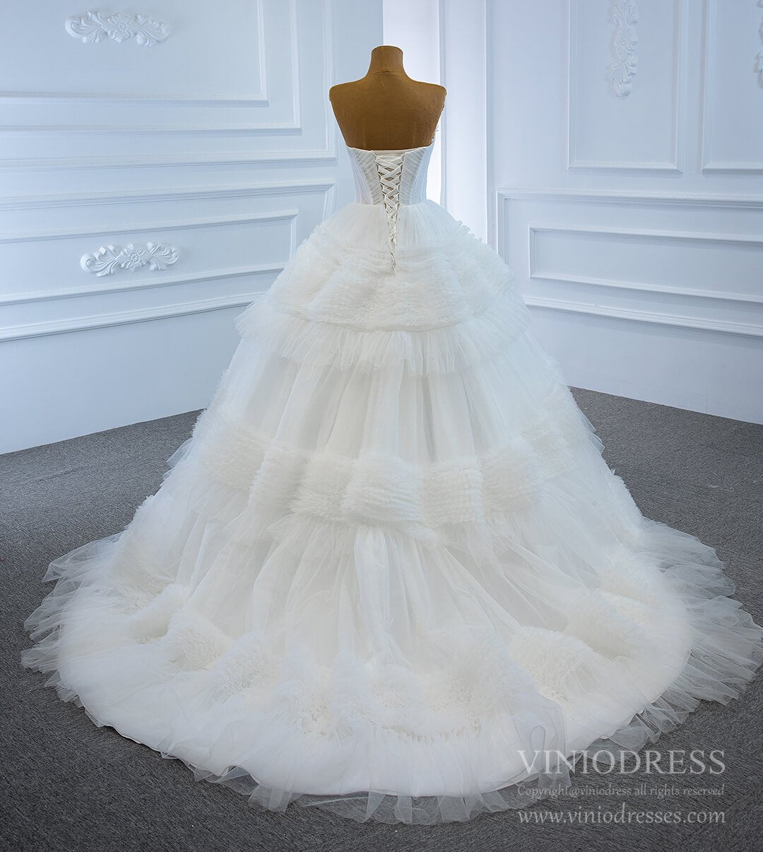 Layered Tulle Ball Gown Wedding Dresses Strapless Bridal Dress VW1785-wedding dresses 2025 -Viniodress-Ivory-Custom Size-
