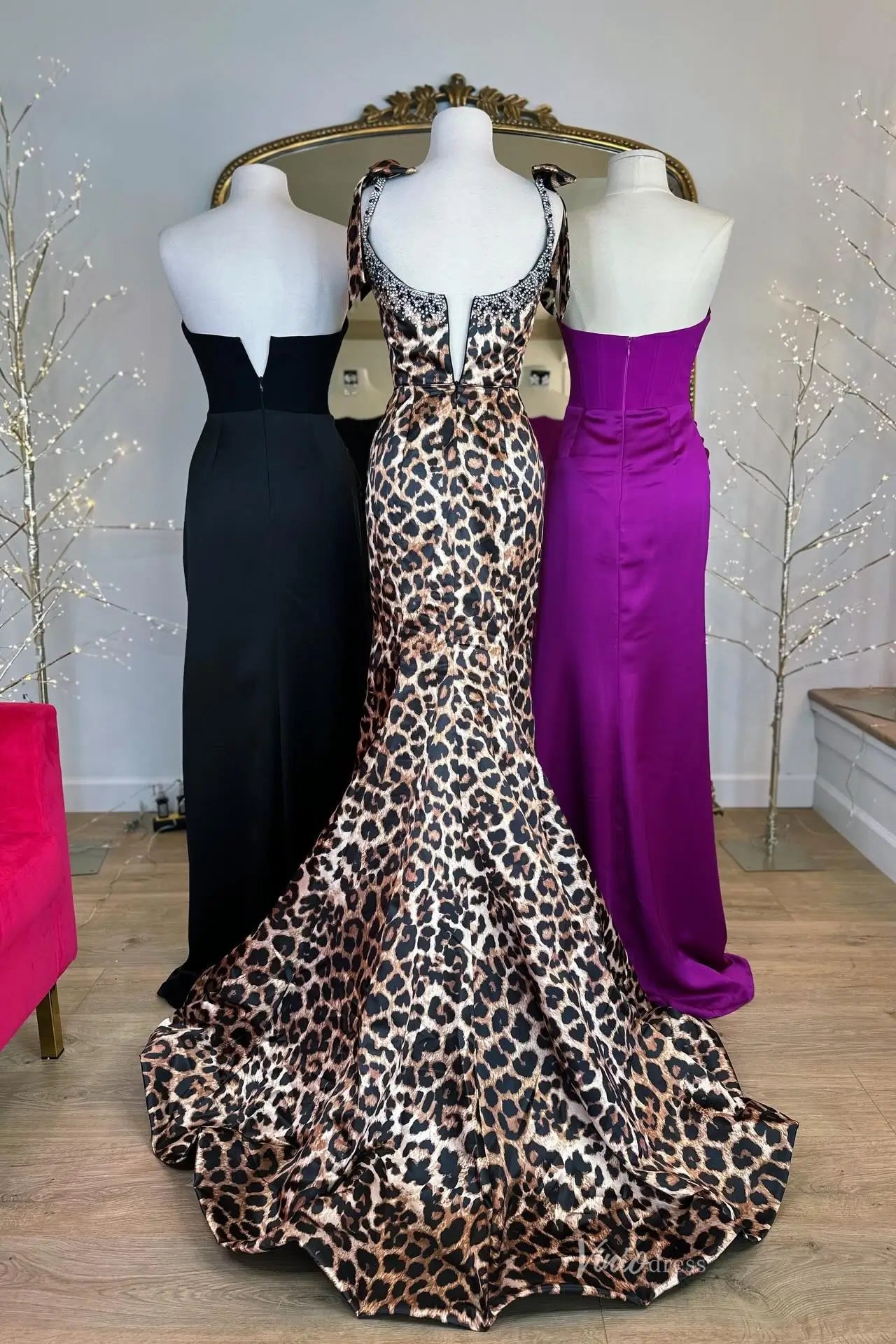 Leopard Print Mermaid Prom Dresses with Beaded Neckline, Spaghetti Str – Viniodress