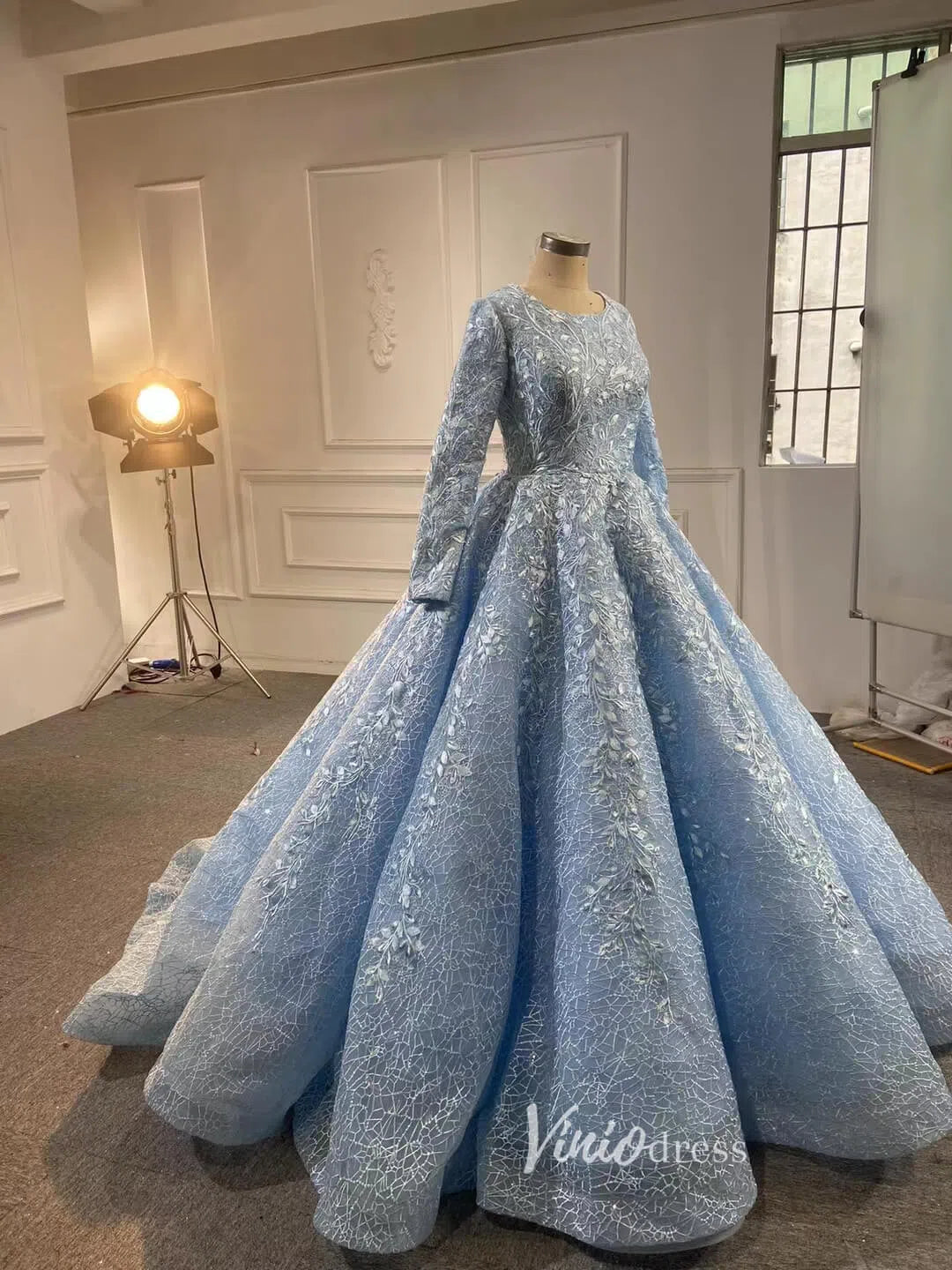 Light Blue Ball Gown Modest Long Sleeve Wedding Dress 66601 High Neck – Viniodress