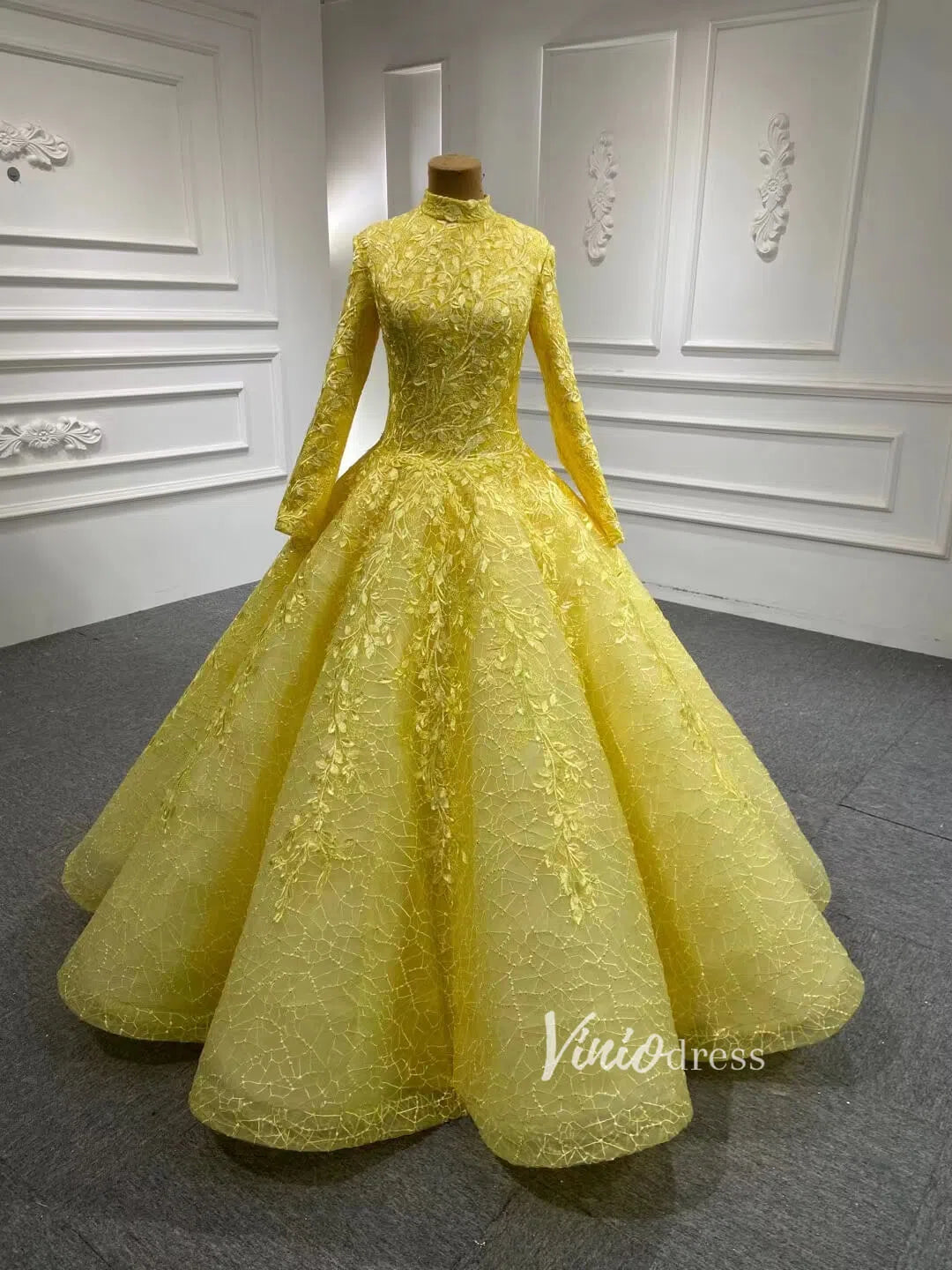 Light Blue Ball Gown Modest Long Sleeve Wedding Dress 66601 High Neck-Quinceanera Dresses 2025 -Viniodress-Yellow-Custom Size-