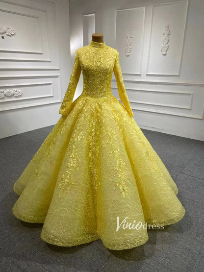 Light Blue Ball Gown Modest Long Sleeve Wedding Dress 66601 High Neck-Quinceanera Dresses 2025 -Viniodress-Yellow-Custom Size-