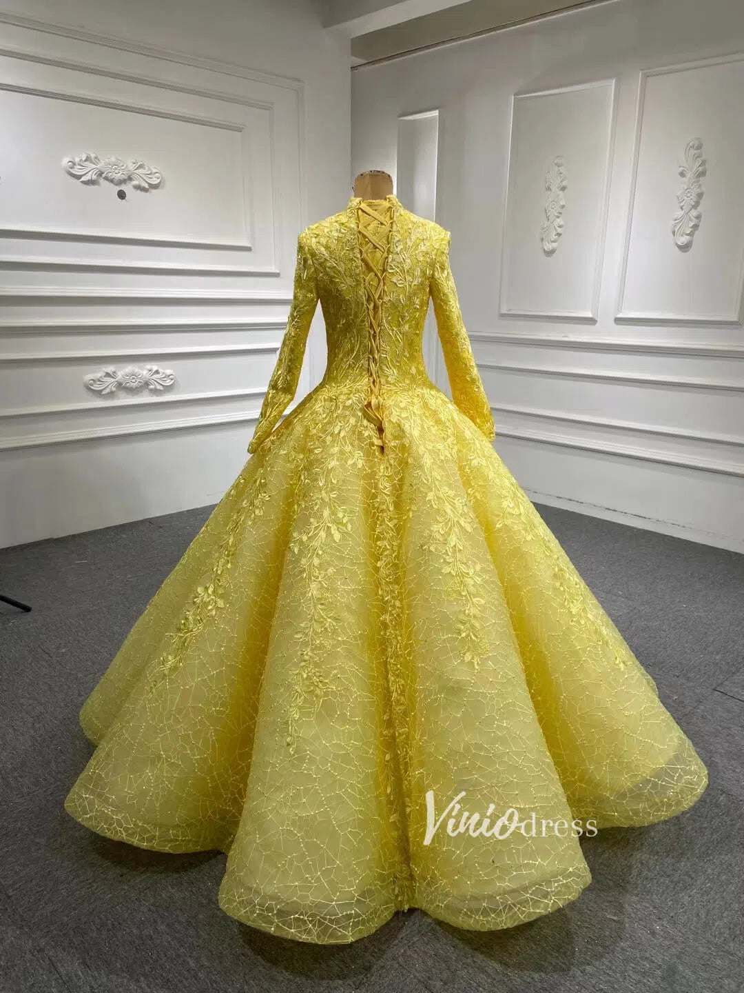 Light Blue Ball Gown Modest Long Sleeve Wedding Dress 66601 High Neck – Viniodress