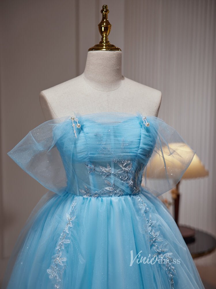 Light Blue Beaded Lace Off the Shoulder Homecoming Dresses Sparkly Tulle BJ031-prom dresses 2025 -Viniodress-Light Blue-Custom Size-