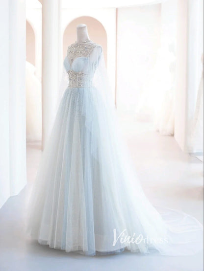 Light Blue Beaded Lace Prom Dresses Extra Long Sleeve Formal Gown FD3422-prom dresses 2025 -Viniodress-Light Blue-Custom Size-