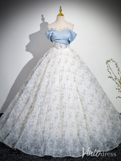Light Blue Floral Lace Prom Ball Gown Off the Shoulder Quinceanera Dress AD1342-prom dresses 2025 -Viniodress-Light Blue-Custom Size-
