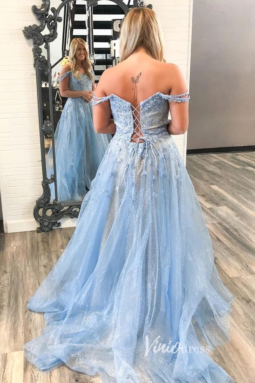 Light Blue Lace Applique Prom Dresses with Slit Off the Shoulder Forma – Viniodress