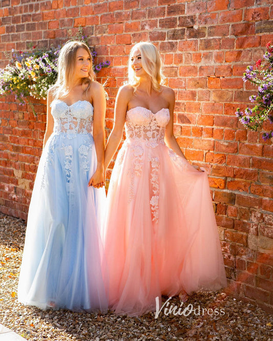 Light Blue Lace Appliqued Prom Dresses Strapless Evening Dress FD3354B-prom dresses 2025 -Viniodress-Light Blue-Custom Size-