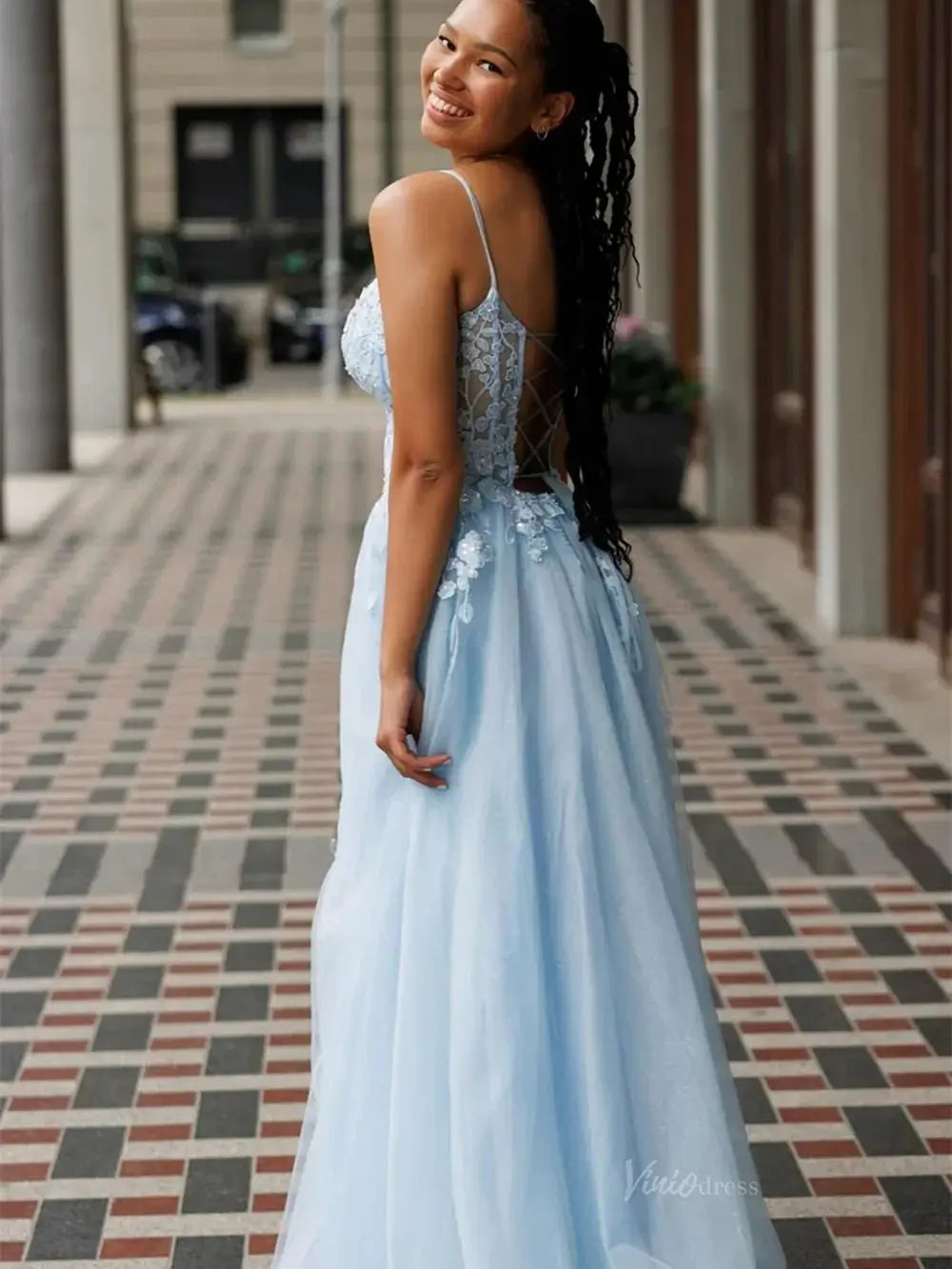 Light Blue Lace Prom Dresses with Slit & Spaghetti Strap