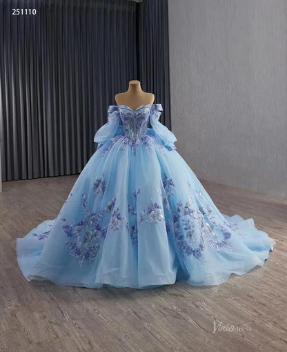 Light Blue Lace Quinceañera Dress with Removable Sleeves