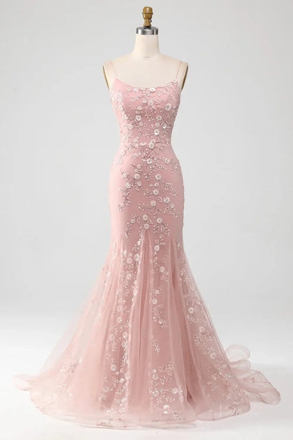 Light Blue Mermaid Prom Dress 2025 with Floral Lace & Spaghetti Straps – FD1594-prom dresses 2025 -Viniodress-Pink-Custom Size-