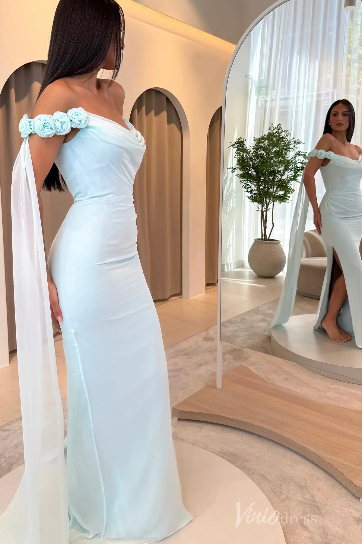Light Blue Off-Shoulder Formal Dress with Draped Bodice, Rosette Straps and Chiffon Streamers – SS052