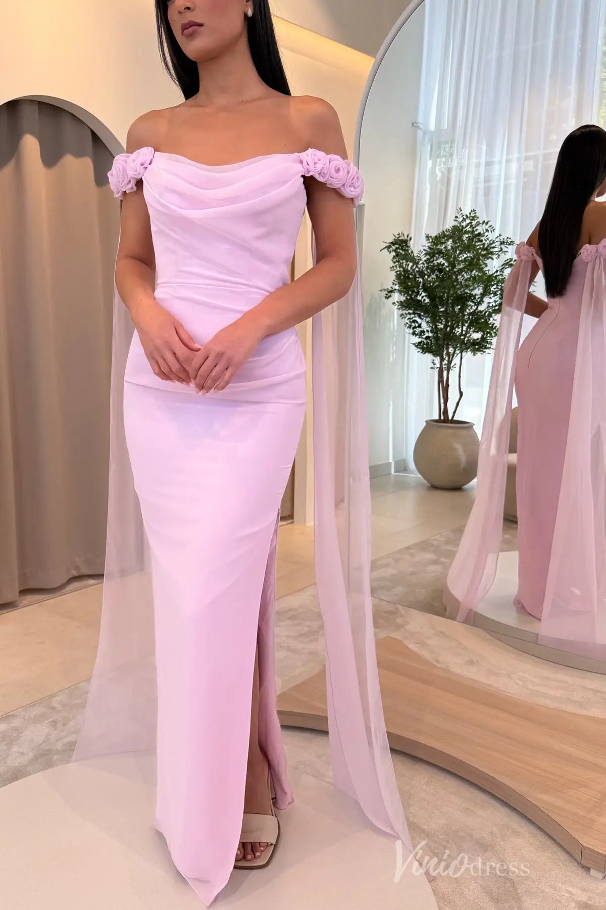 Light Blue Off-Shoulder Dress with Draped Bodice and Rosette Straps – SS052 – Viniodress