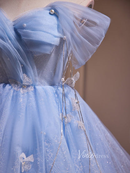 Light Blue Off the Shoulder Homecoming Dresses Beaded String Sparkly Lace BJ002-prom dresses 2025 -Viniodress-Light Blue-Custom Size-