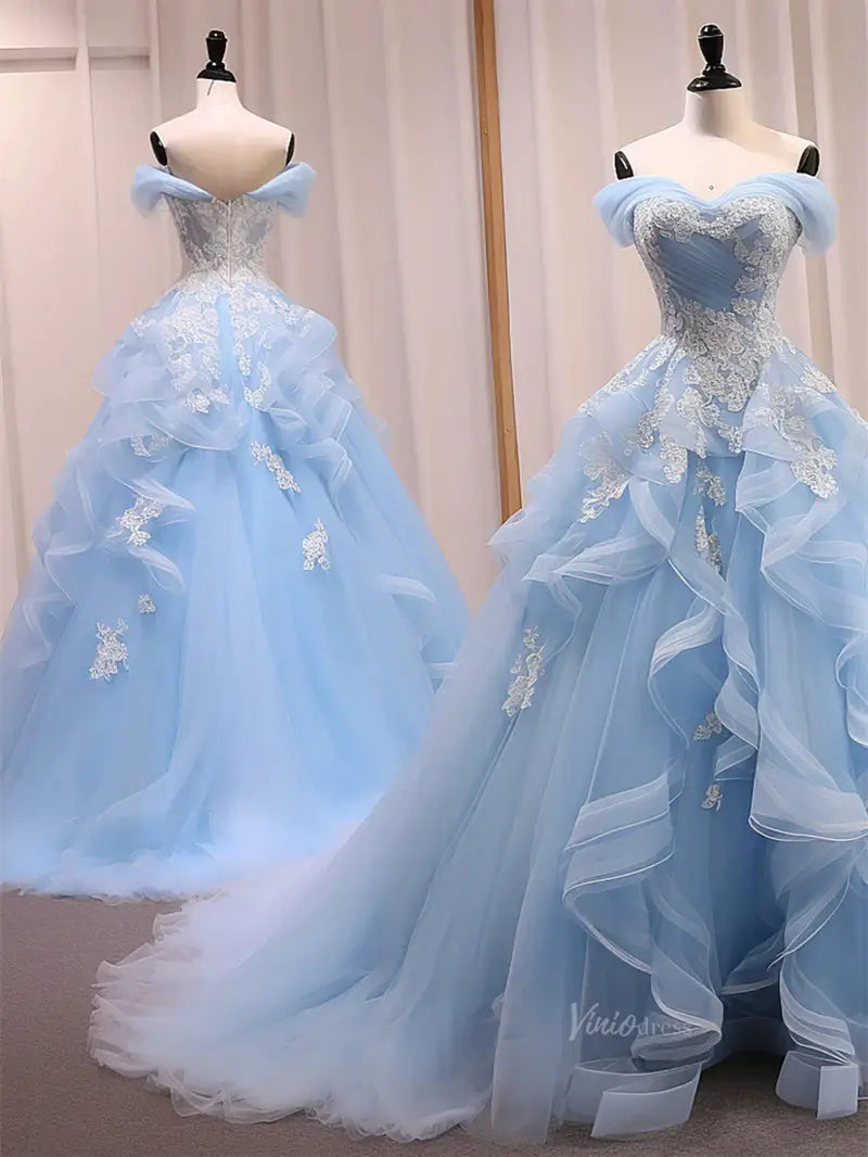 Light Blue Off the Shoulder Prom Dresses with Lace Bodice & Tiered Bottom - FD3726-prom dresses 2025 -Viniodress-Blue-Custom Size-