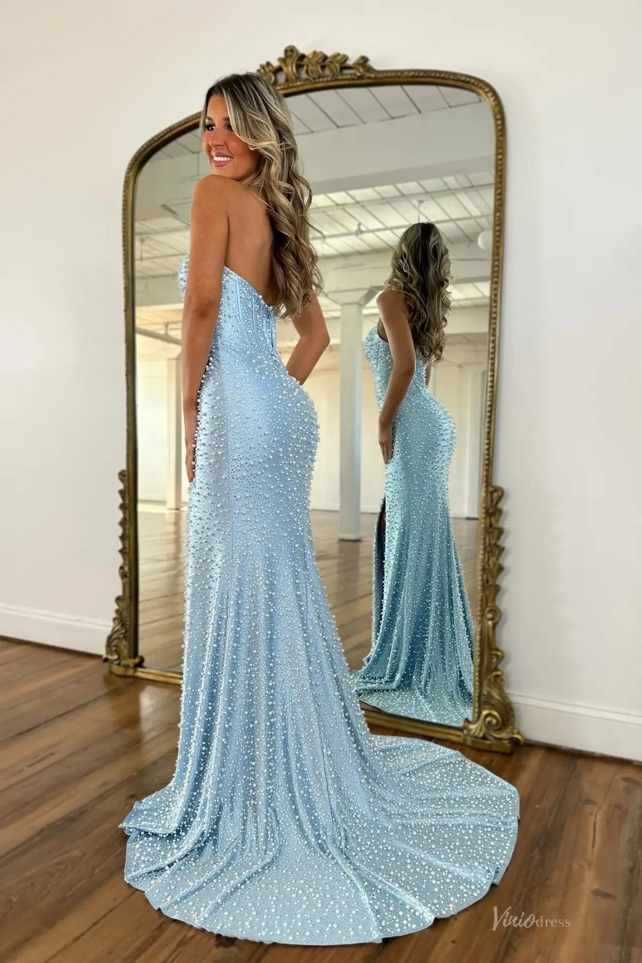Light Blue Pearl Beaded Halter Prom Dress with Slit – SS418 – Viniodress