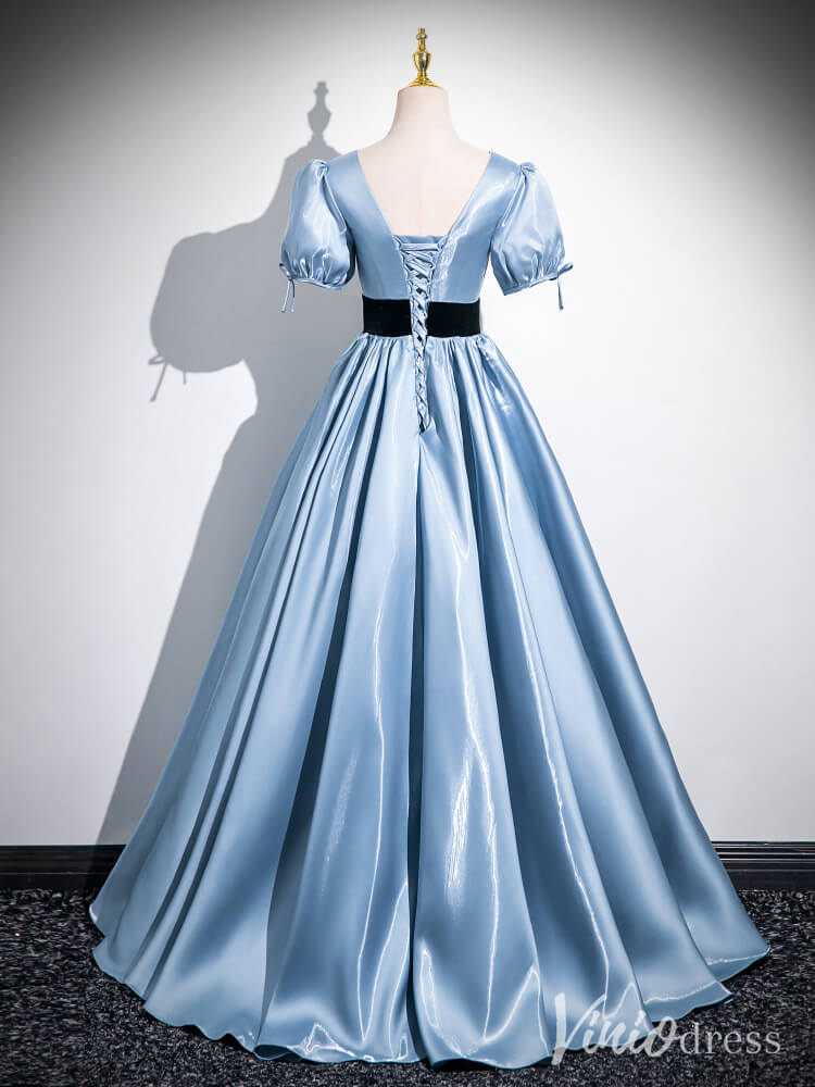 Light Blue Puffed Sleeve V-Neck Prom Dresses Smooth Satin Formal Dress AD1334-prom dresses 2025 -Viniodress-Light Blue-Custom Size-