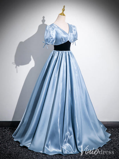 Light Blue Puffed Sleeve V-Neck Prom Dresses Smooth Satin Formal Dress AD1334-prom dresses 2025 -Viniodress-Light Blue-Custom Size-