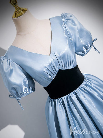 Light Blue Puffed Sleeve V-Neck Prom Dresses Smooth Satin Formal Dress AD1334-prom dresses 2025 -Viniodress-Light Blue-Custom Size-