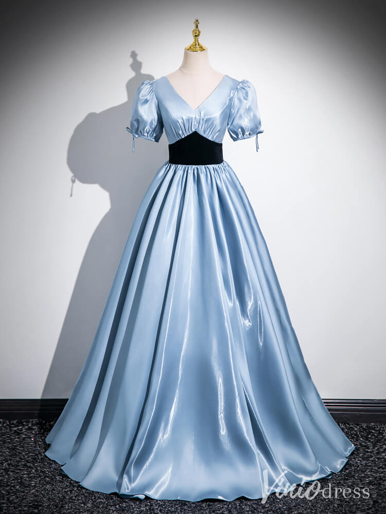 Light Blue Puffed Sleeve V-Neck Prom Dresses Smooth Satin Formal Dress AD1334-prom dresses 2025 -Viniodress-Light Blue-Custom Size-
