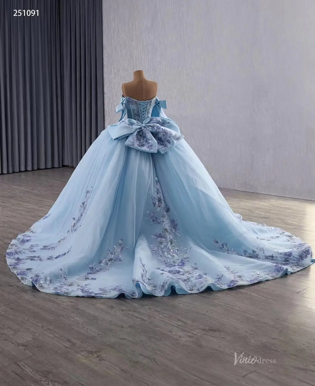 Light Blue Quinceañera Dress | Off-Shoulder Sparkly Debutante Ball Gown with Bow Sleeves 251091-Quinceanera Dresses 2025 -Viniodress-Light Blue-Custom Size-