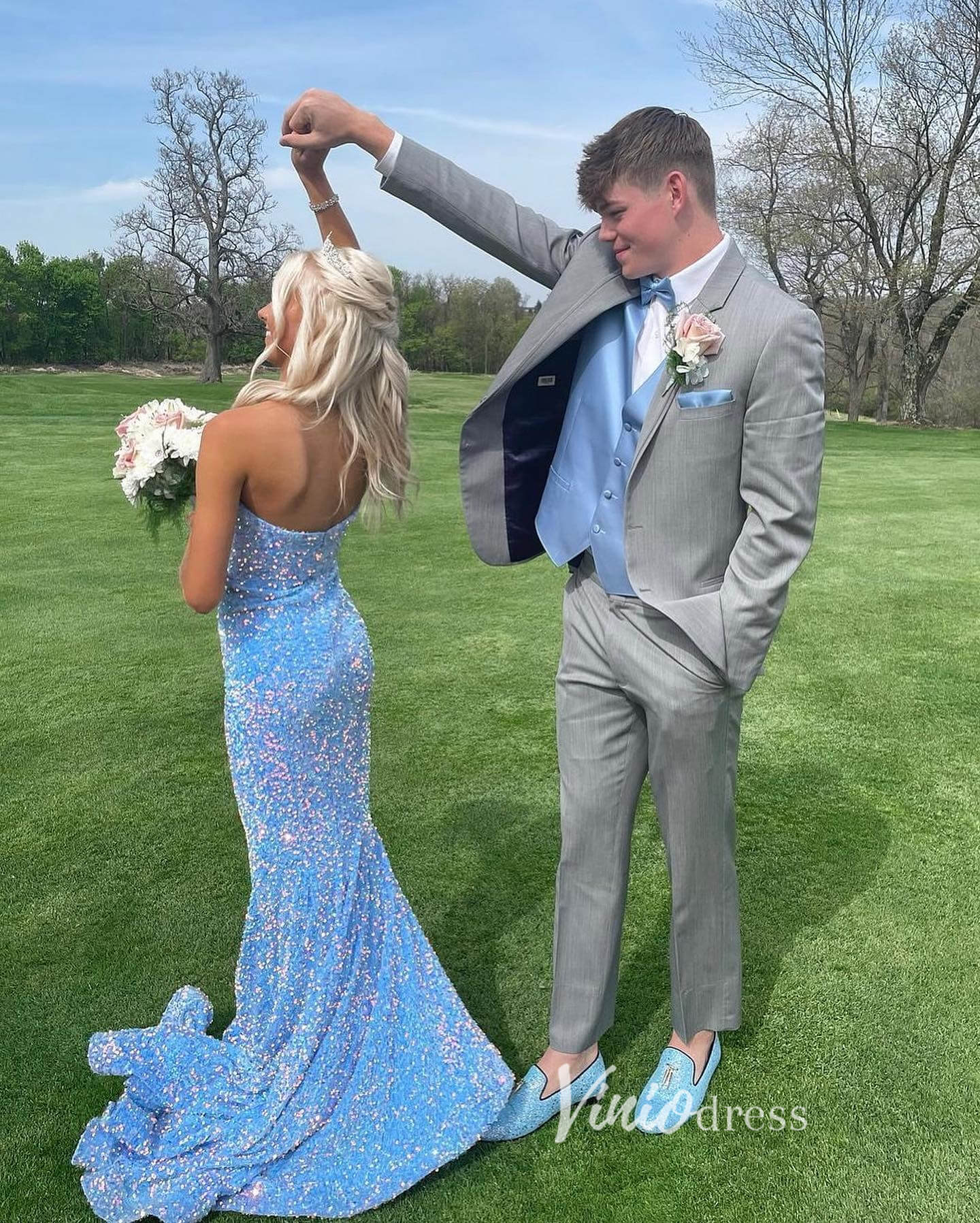 light blue prom dress couple Iridescent Prom Dress Couple Sky Blue Sequin Custom Asymmetrical Mermaid  Prom Dress