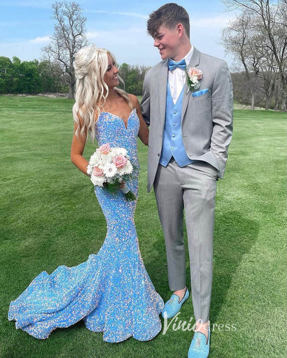 Light Blue Sequin Prom Dresses Mermaid Strapless Evening Dress FD3311 – Viniodress