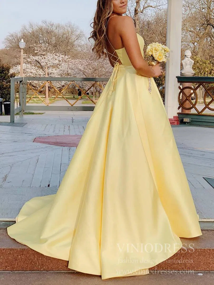 Light Blue Simple Long Prom Dresses with Pockets Cheap Formal Gown FD1256-prom dresses-Viniodress-Yellow-US 2-Viniodress