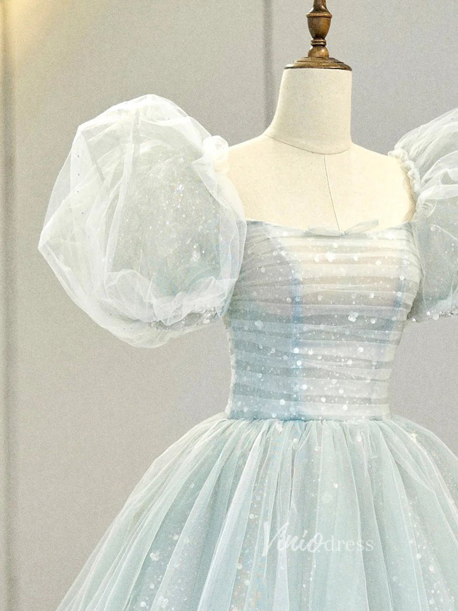 Light Blue Sparkly Beaded Prom Dress with Puffed Sleeves, Corset Back Princess Gowns FD3213-Quinceanera Dresses 2025 -Viniodress-Light Blue-Custom Size-